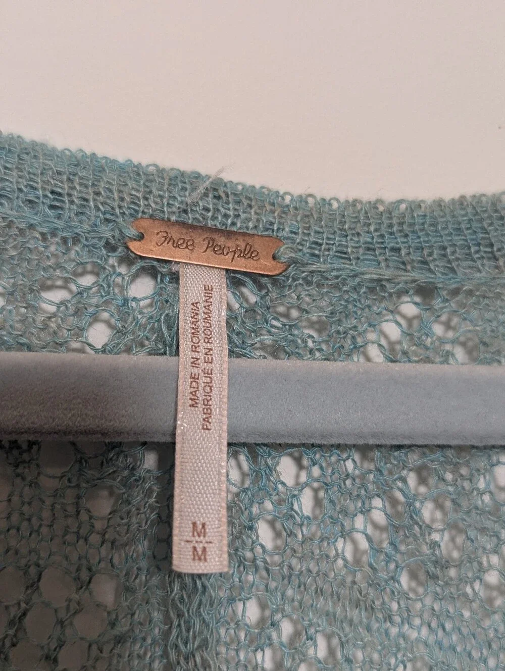 Free People Open Knit Linen Blend Boho Sweater | Aqua Blue Pointelle Pullover M